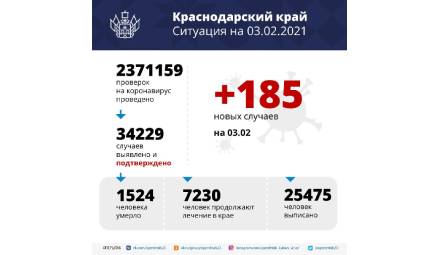 За сутки на Кубани зарегистрировано 185 новых случаев заболевания коронавирусной инфекцией